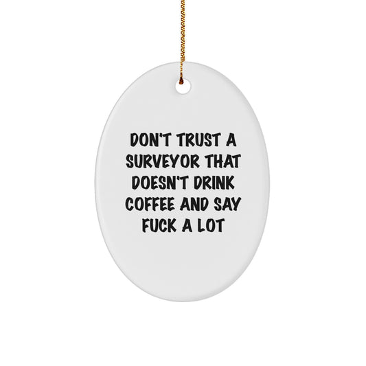 Funny Surveyor Gifts from Friends and Family - Christmas Unique Gifts for Surveyor Men and Women Oval Ornament, Don't Trust A Surveyor That Doesn't Drink Coffee And Say F--k A Lot - Image 1