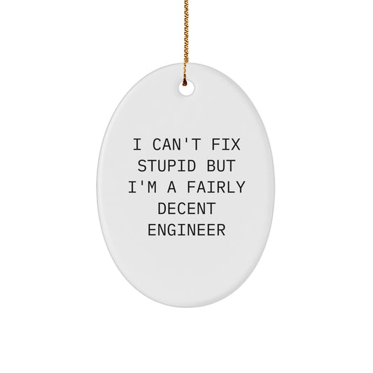Funny Engineer Gifts from Family - Oval Ornament for Him with 'I Can't Fix Stupid' - Image 1