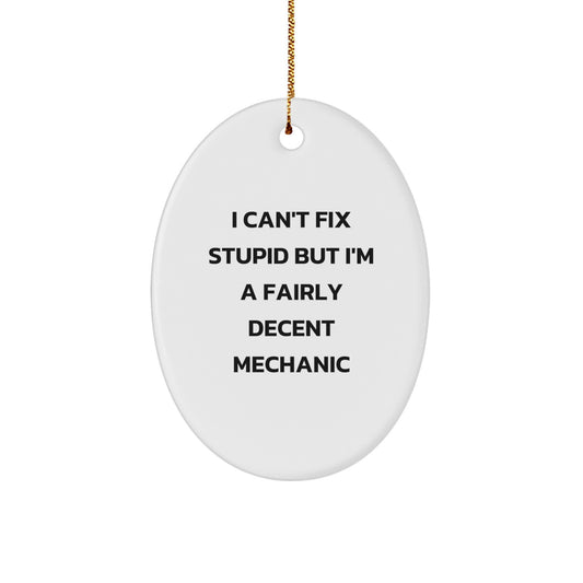 Funny Mechanic Gifts for Men, I Can't Fix Stupid But I'm A Fairly Decent Mechanic Oval Ornament, Gifts from Men to Mechanic Friends - Christmas Unique Gifts - Image 1