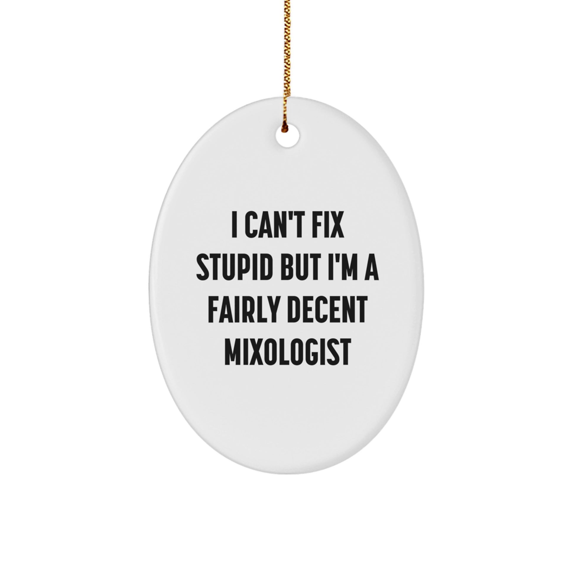Funny Mixologist Gifts from Friends - Oval Ornament, Christmas Unique Decorations for Men, Women, or Coworkers who Love Cocktails, I Can't Fix Stupid But I'm A Fairly Decent Mixologist - Image 1