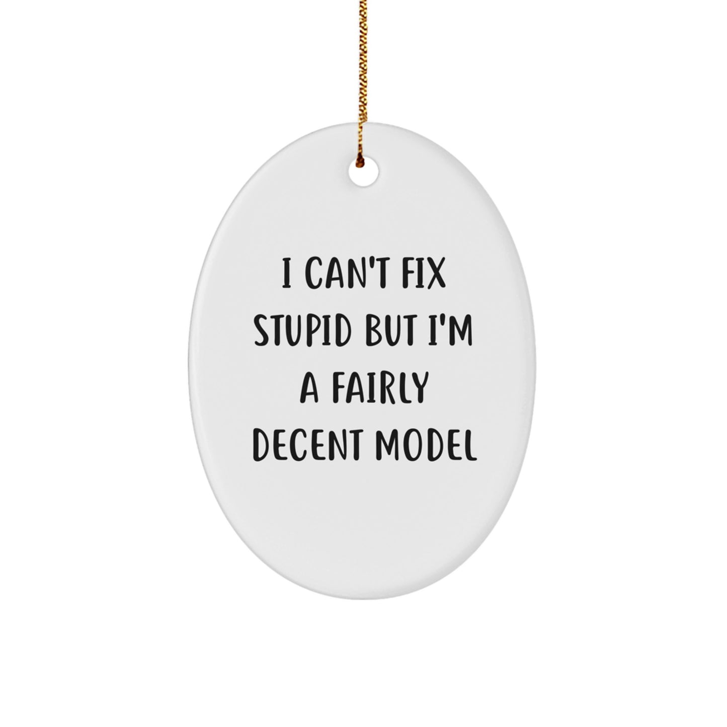 Funny Model Gifts, Oval Ornament Christmas Memorable Presents from Friends, I Can't Fix Stupid But I'm A Fairly Decent Model - Image 1