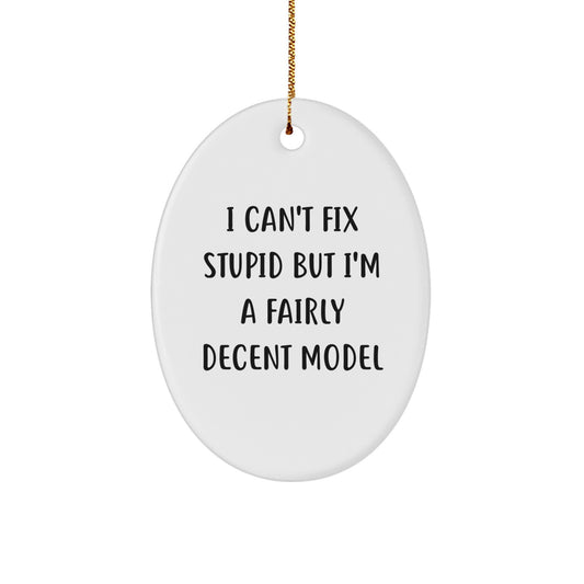 Funny Model Gifts, Oval Ornament Christmas Memorable Presents from Friends, I Can't Fix Stupid But I'm A Fairly Decent Model - Image 1