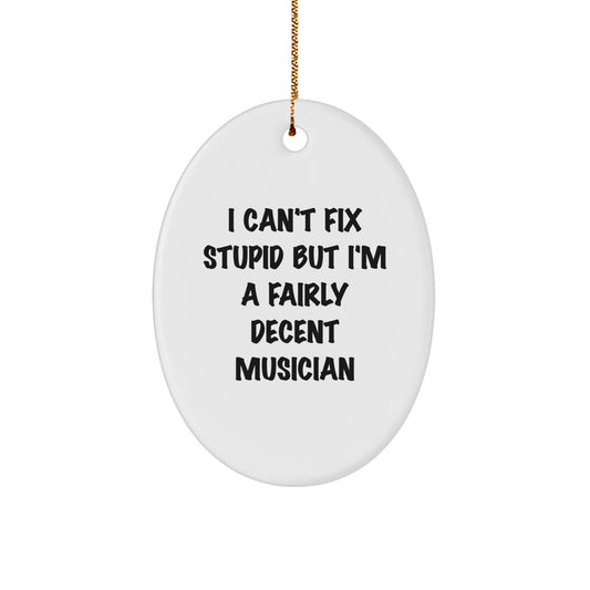Funny Musician Oval Ornament Gifts from Friends for Christmas Decorations, Musician Gifts, Oval Ornament, Inspirational Quote 'I Can't Fix Stupid But I'm A Fairly Decent Musician' - Image 1