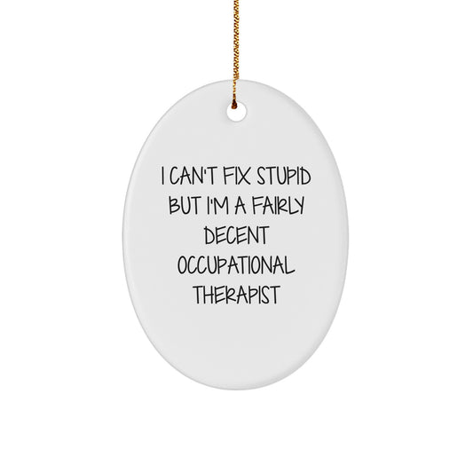 Occupational Therapist Gifts from Friends for Christmas Oval Ornament, Funny Quote I Can't Fix Stupid But I'm A Fairly Decent Occupational Therapist - Image 1