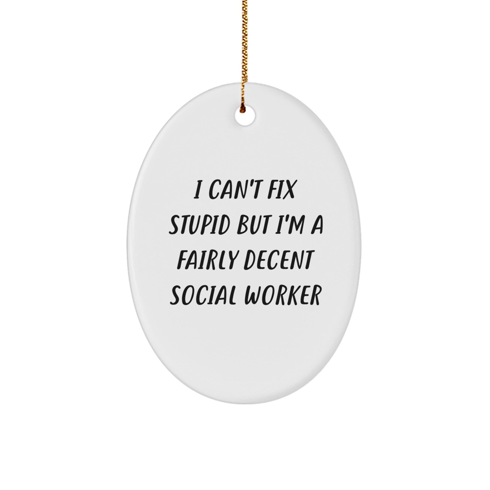 Social Worker Gifts from Friends - 'I Can't Fix Stupid But I'm A Fairly Decent Social Worker' Oval Ornament for Christmas - Image 1