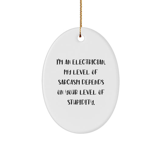 Funny Electrician Gifts for Men Friends from Coworkers - Oval Ornament with I'm An Electrician My Level Of Sarcasm Depends On Your Level Of Stupidity Quote - Christmas Unique Decorations - Image 1