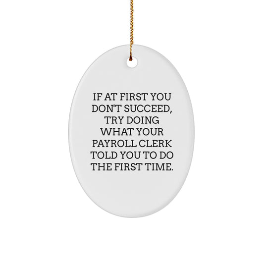 Funny Payroll Clerk Gifts, Oval Ornament for Payroll Clerk, Gifts from Men to Coworkers with Humorous Quote - If At First You Don't Succeed - Image 1