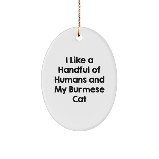 Burmese Cat Lover Gifts from Men to Women Friends for Christmas Unique Oval Ornament, Funny Quote - I Like A Handful Of Humans And My Burmese Cat - Image 1