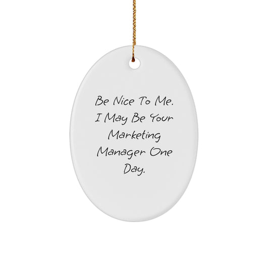 Marketing Manager Gifts from Friends - Be Nice Oval Ornament, Funny Quote, 3.25" Tall, White, Christmas Decoration - Image 1