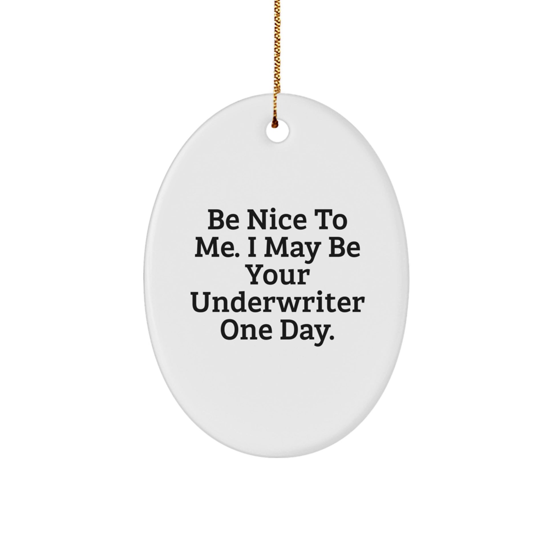 Funny Underwriter Gifts, 'Be Nice To Me. I May Be Your Underwriter One Day.' Oval Ornament for Underwriter, Gifts from Friends, Coworkers, or Family at Christmas - Image 1