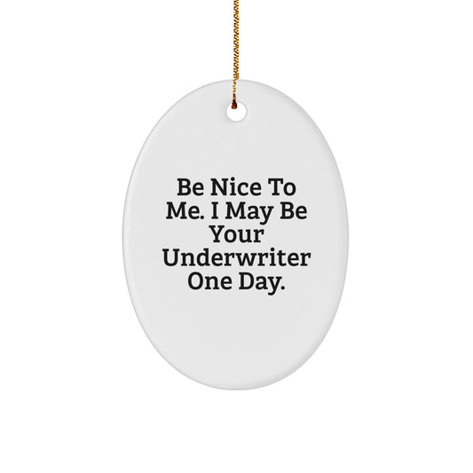 Funny Underwriter Gifts, 'Be Nice To Me. I May Be Your Underwriter One Day.' Oval Ornament for Underwriter, Gifts from Friends, Coworkers, or Family at Christmas - Image 1