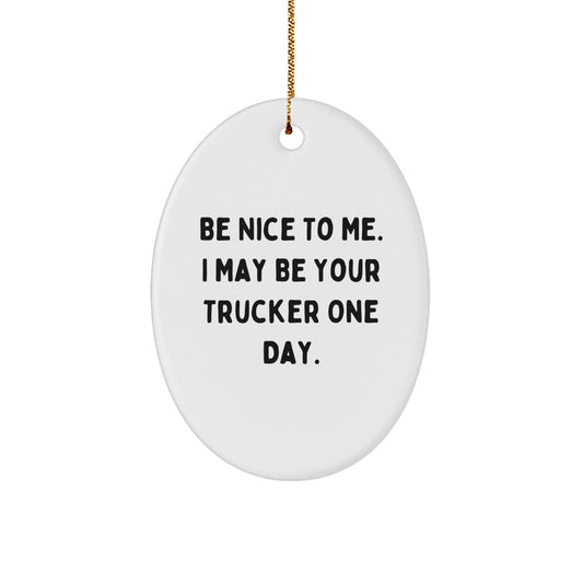 Funny Trucker Gifts for Men, Oval Ornament Be Nice To Me One Day Christmas Unique Present - Image 1