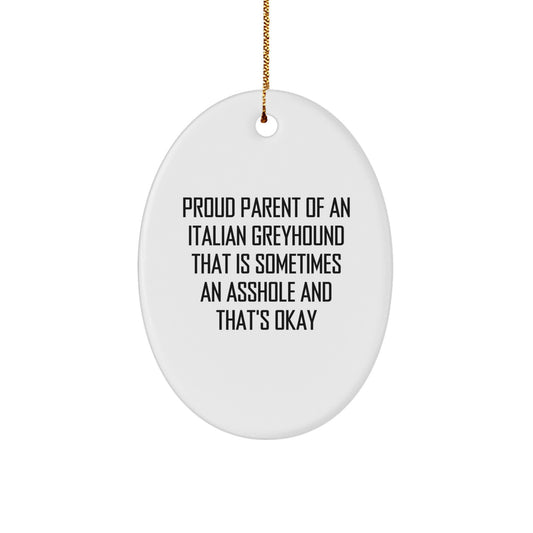 Funny Italian Greyhound Dog Lover Gifts from Men to Friends for Christmas Unique Gifts, Oval Ornament, Proud Parent Quote - Image 1