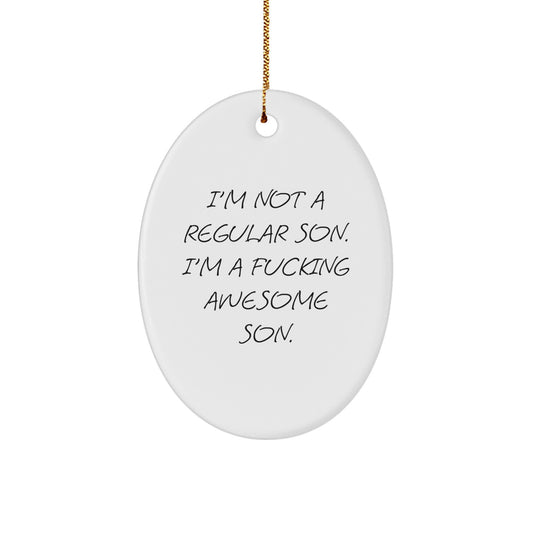 Funny Son Gifts, 'I'm Not A Regular Son. I'm A F--king Awesome Son.' Oval Ornament, White, 3.25'' Tall, Christmas Unique Gifts from Family - Image 1