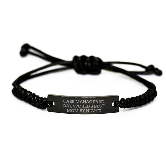 Funny Case Manager Gifts for Her, Rope Bracelet with 'Case Manager By Day, World's Best Mom By Night.' Quote, Black Stainless Steel Engraved, Gifts from Friends on Christmas - Image 1