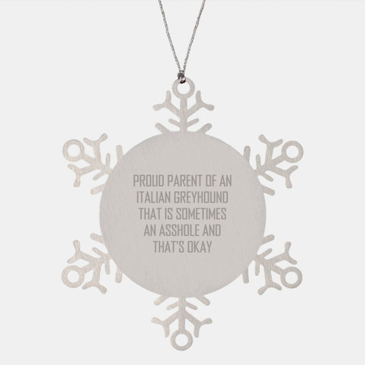 Gifts for Italian Greyhound Dog Owners - Funny Snowflake Ornament, Proud Parent Quote, Stainless Steel, Shatterproof, Unique Christmas Unique Gift - Image 1