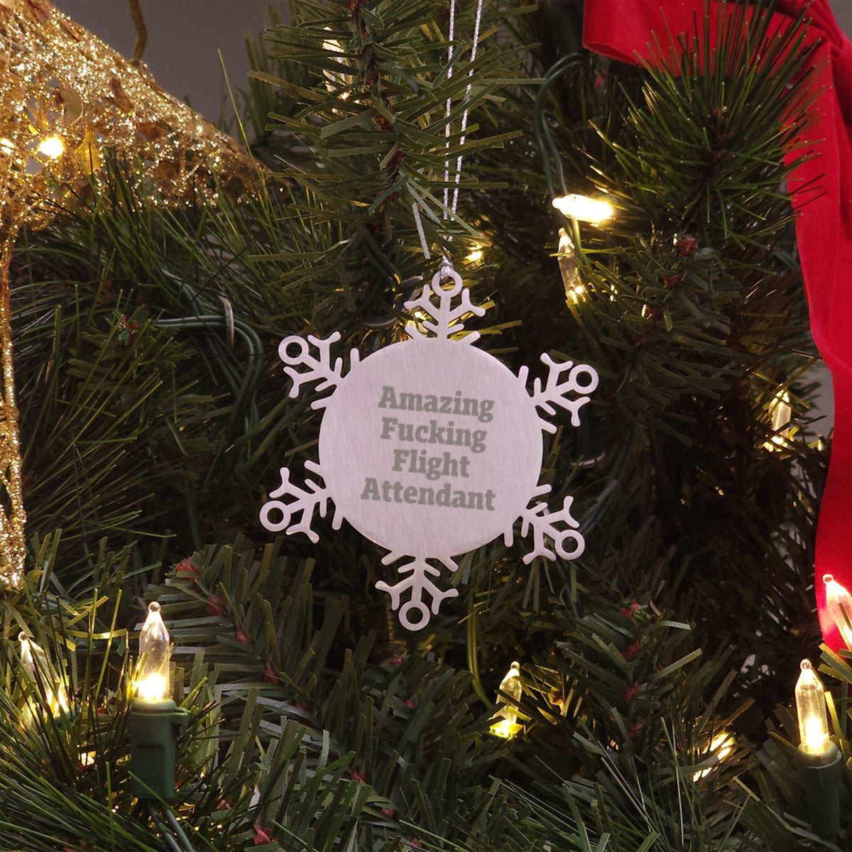 Funny Flight Attendant Gifts from Friends and Family for Christmas Unique Snowflake Ornament, Amazing F--king Flight Attendant Insignia, Flight Attendant Appreciation - Image 3