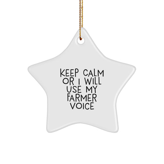 Funny Farmer Star Ornament Gifts from Friends for Christmas - Keep Calm Or I Will Use My Farmer Voice - White Star Shaped Decoration - Image 1