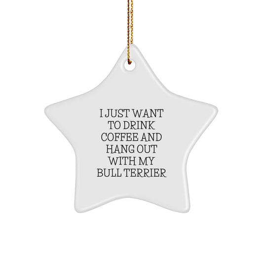 Funny 'I Just Want To Drink Coffee And Hang Out With My Bull Terrier' White Star Ornament Gifts for Bull Terrier Dog Lovers from Friends, Family, and Coworkers at Christmas Time - Image 1