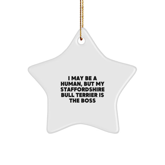Funny Staffordshire Bull Terrier Dog Gifts for Christmas - Staffords Star Ornament, White, I May Be A Human, But My Staffordshire Bull Terrier Is The Boss - Image 1