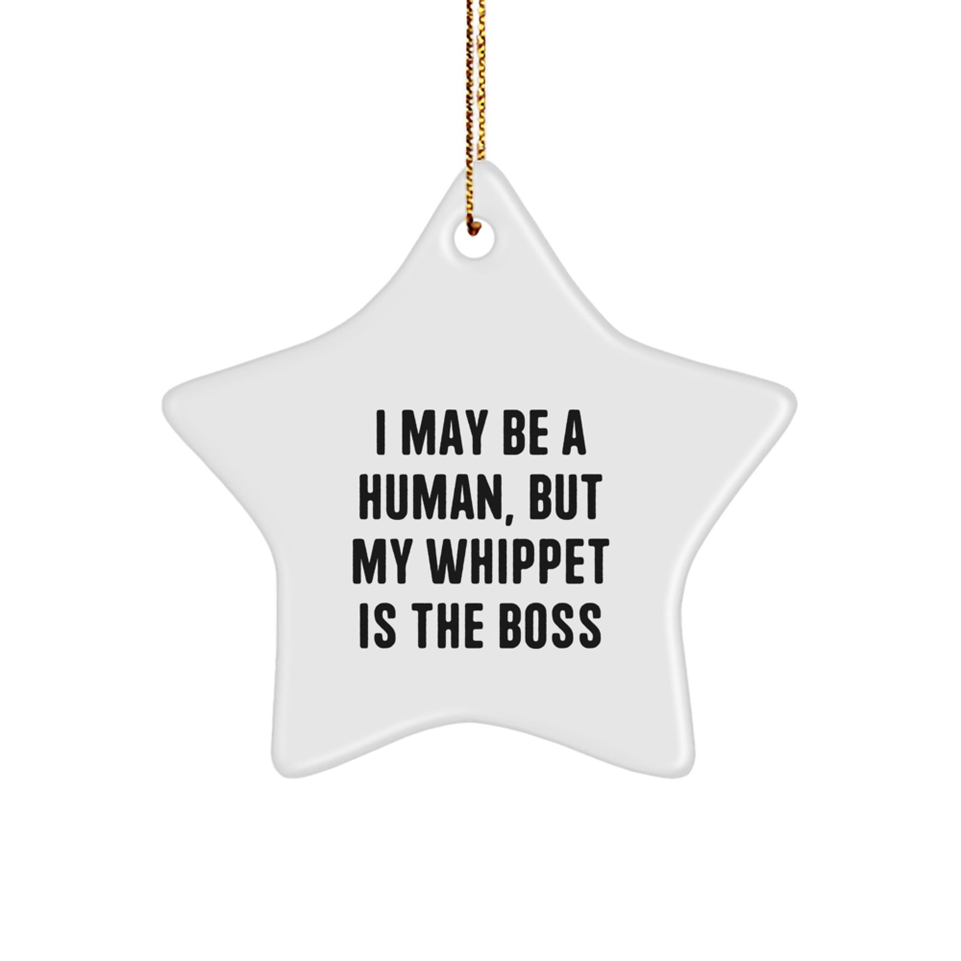 Funny Whippet Dog Gifts from Men to Family - I May Be A Human, But My Whippet Is The Boss, White Star Ornament for Christmas Unique Gifts - Image 1