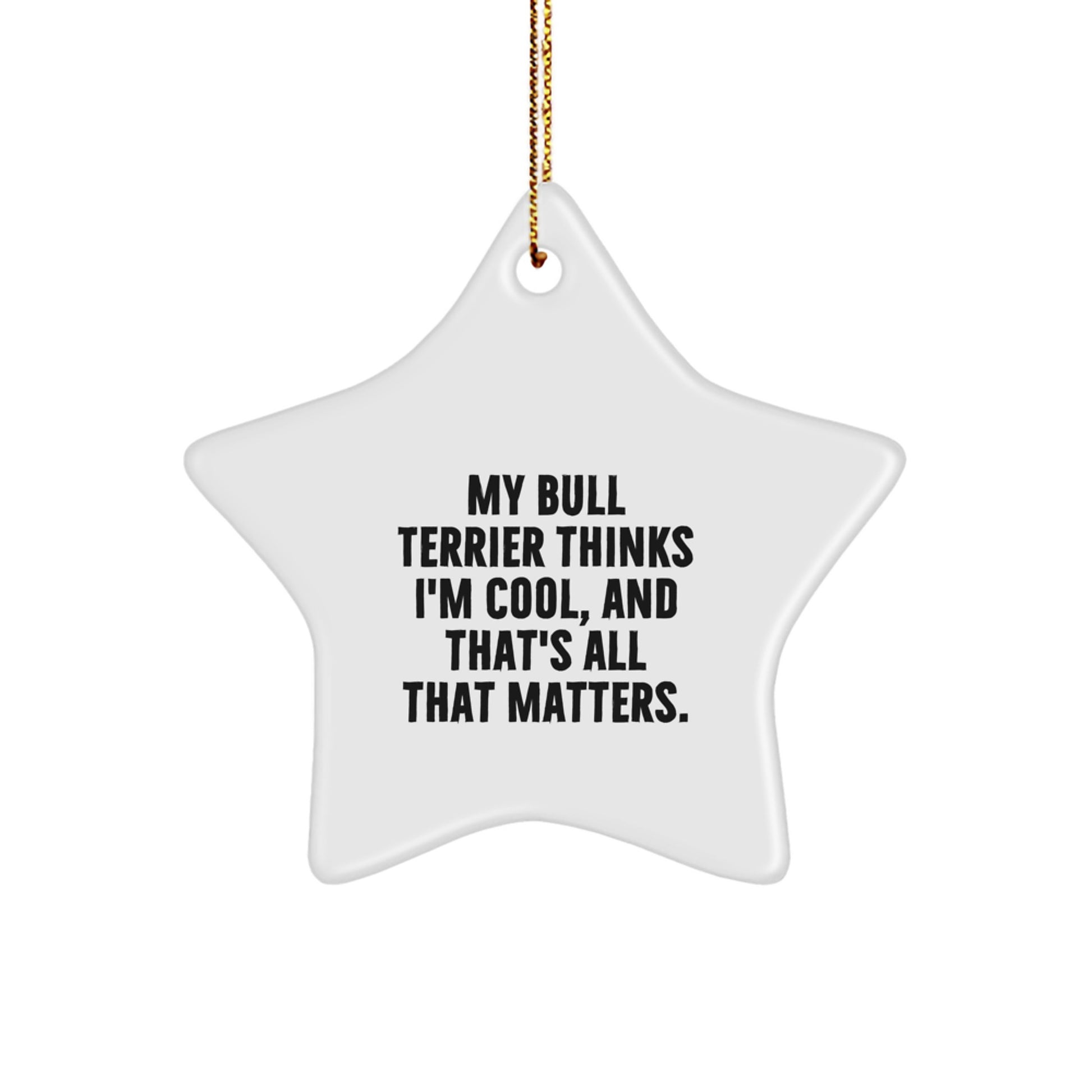 Funny Bull Terrier Dog Gifts from Mom for Christmas - Star Ornament with 'My Bull Terrier Thinks I'm Cool, And That's All That Matters.' Quote - Image 1
