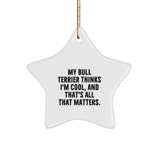Funny Bull Terrier Dog Gifts from Mom for Christmas - Star Ornament with 'My Bull Terrier Thinks I'm Cool, And That's All That Matters.' Quote - Image 1