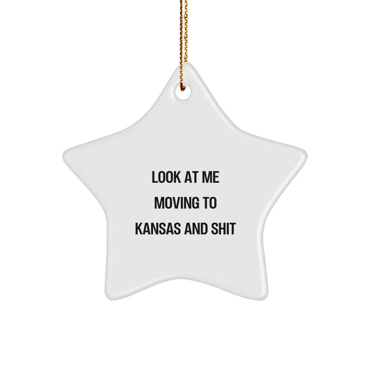 Funny Moving to Kansas Star Ornament, Gifts from Friends for Kansas Men, Women, or Family - White Star Shaped Christmas Decorations - Image 1