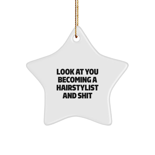 Funny Hairstylist Gifts for Christmas Star Ornament, Gifts from Friends to Hairstylist, Look At You Becoming A Hairstylist - Image 1