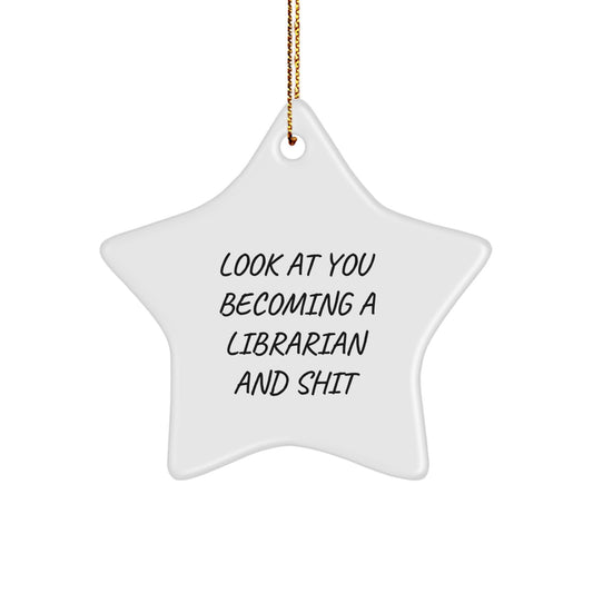 Funny Librarian Gifts from Friends to Librarian Star Ornament White Star Shaped MDF with Gold Cord for Christmas Unique Gifts - Image 1