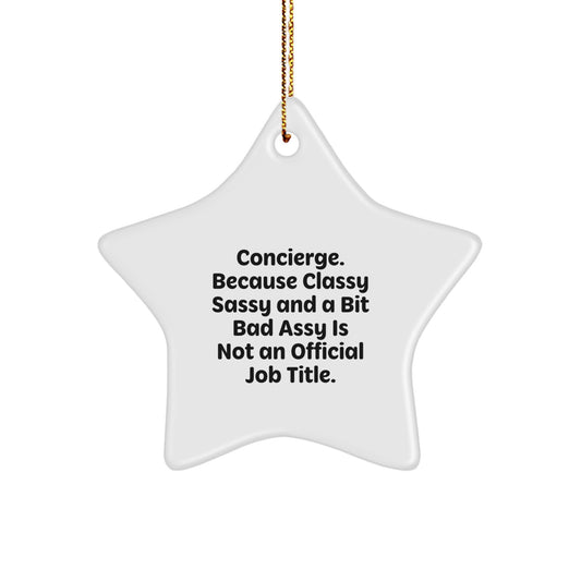 Funny Concierge Gifts from Friends for Concierge, Personalized Star Ornament, White Star Shaped MDF with Gold Cord, Christmas Unique Gifts for Men Women - Image 1