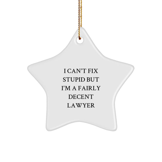 Funny Lawyer Gifts from Friends Christmas Star Ornament, I 'Can't Fix Stupid' Lawyer Decoration for Lawyer Coworkers, White Star Shaped MDF Star Ornament - Image 1