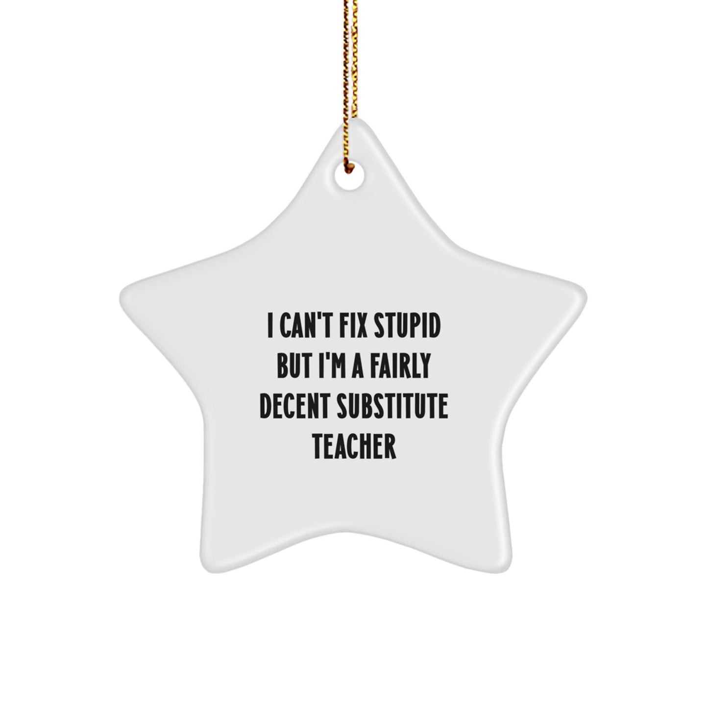 Funny Substitute Teacher Gifts for Men, White Star Ornament with Inspirational Quote, 'I Can't Fix Stupid' Humorous Christmas Unique Gifts from Friends - Image 1