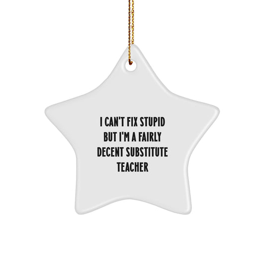 Funny Substitute Teacher Gifts for Men, White Star Ornament with Inspirational Quote, 'I Can't Fix Stupid' Humorous Christmas Unique Gifts from Friends - Image 1