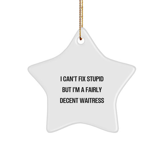 Funny Waitress Star Ornament Gift from Friends for Christmas, I Can't Fix Stupid But I'm A Fairly Decent Waitress, Unique Star Ornament - Image 1