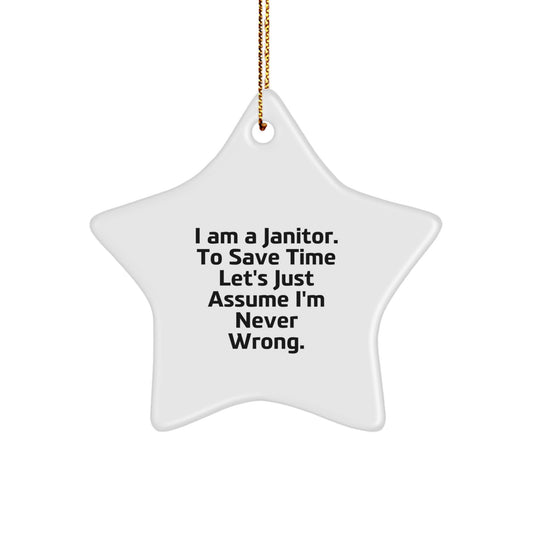 Funny Janitor Star Ornament Gifts from Family for Janitor - White Star Shaped MDF Material with Gold Cord - Image 1