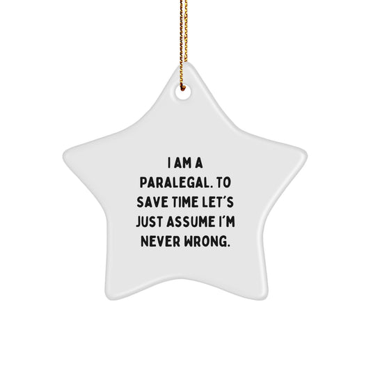 Funny Paralegal Gifts for Christmas, White Star Ornament with Gold Cord, Perfect for Coworkers, Friends, or Family - Image 1