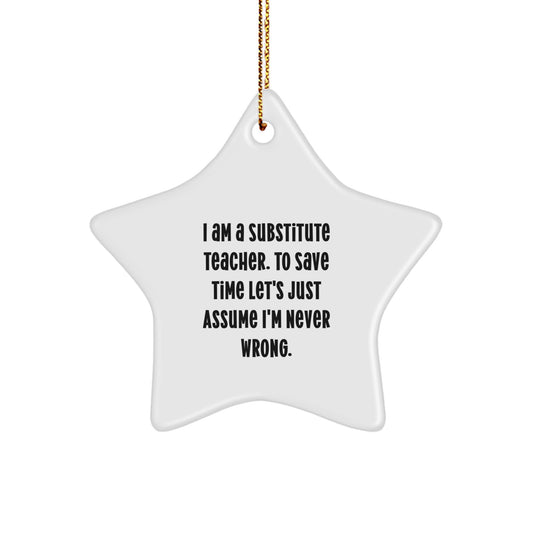 Funny Substitue Teacher Gifts for Men, Star Ornament with Humorous Quote - 'I Am A Substitute Teacher...Let's Just Assume I'm Never Wrong' Gifts from Friends, Perfect Christmas Unique Gifts - Image 1