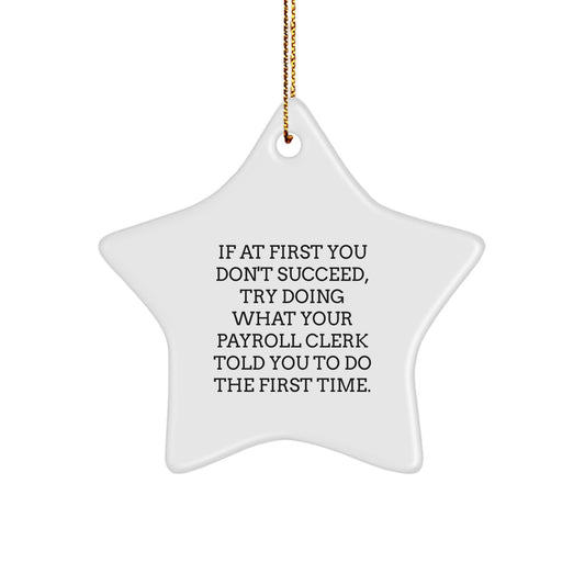 Funny Payroll Clerk Gifts from Friends for Payroll Clerks, Star Ornament, If At First You Don't Succeed, Try Doing What Your Payroll Clerk Told You To Do The First Time. - Image 1