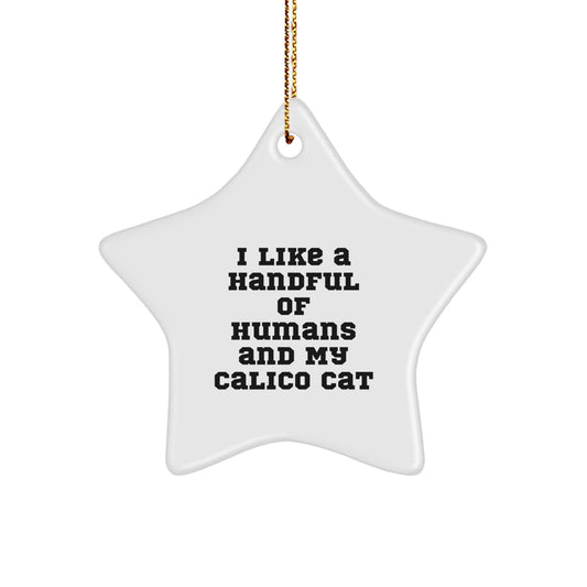 Funny Calico Cat Star Ornament Gifts for Family from Men - White Star Shaped Decoration with Gold Cord - Image 1