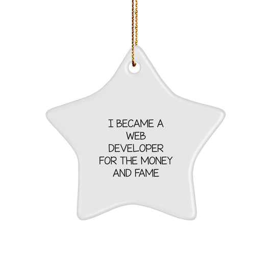 Gifts from Family - Web Developer Star Ornament for Men - Funny Quote I Became A Web Developer For The Money And Fame, Christmas Unique Star Shaped Decorations - Image 1