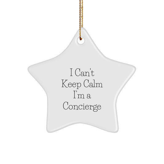 Funny Concierge Gifts for Men, Women, and Friends - 'I Can't Keep Calm I'm A Concierge' Star Ornament, White Star Shaped Christmas Unique Gifts from Family, Coworkers - Image 1