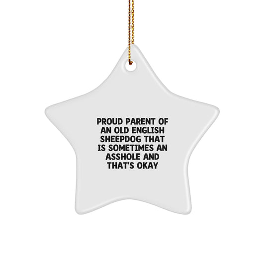 Old English Sheepdog Funny Star Ornament Gifts from Friends for Christmas - Proud Parent of a Sometimes Asshole, That's Okay! - Image 1