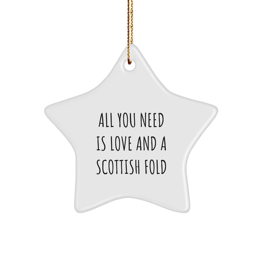 Gifts from Family for Scottish Fold Cat Lover - Star Ornament, Christmas Unique Gifts, Funny Quote 'All You Need Is Love And A Scottish Fold' - White Star Shaped Decoration - Image 1