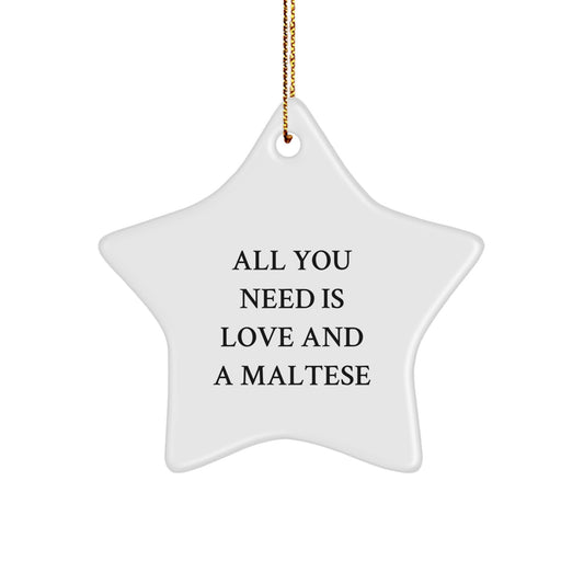 Maltese Dog Star Ornament Funny Quote Christmas Unique Gift for Him or Her, 'All You Need Is Love And A Maltese' White Star Decoration - Image 1